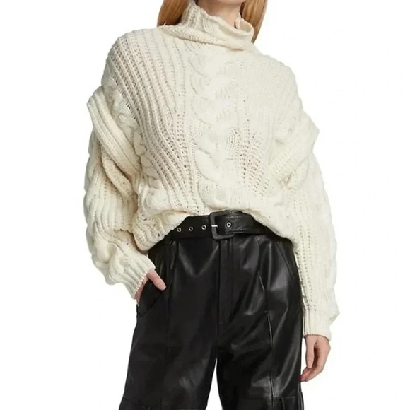 IRO PARIS NWT Yris Ecru Chunky Cable Knit Turtleneck Sweater Wool S - Picture 2 of 15